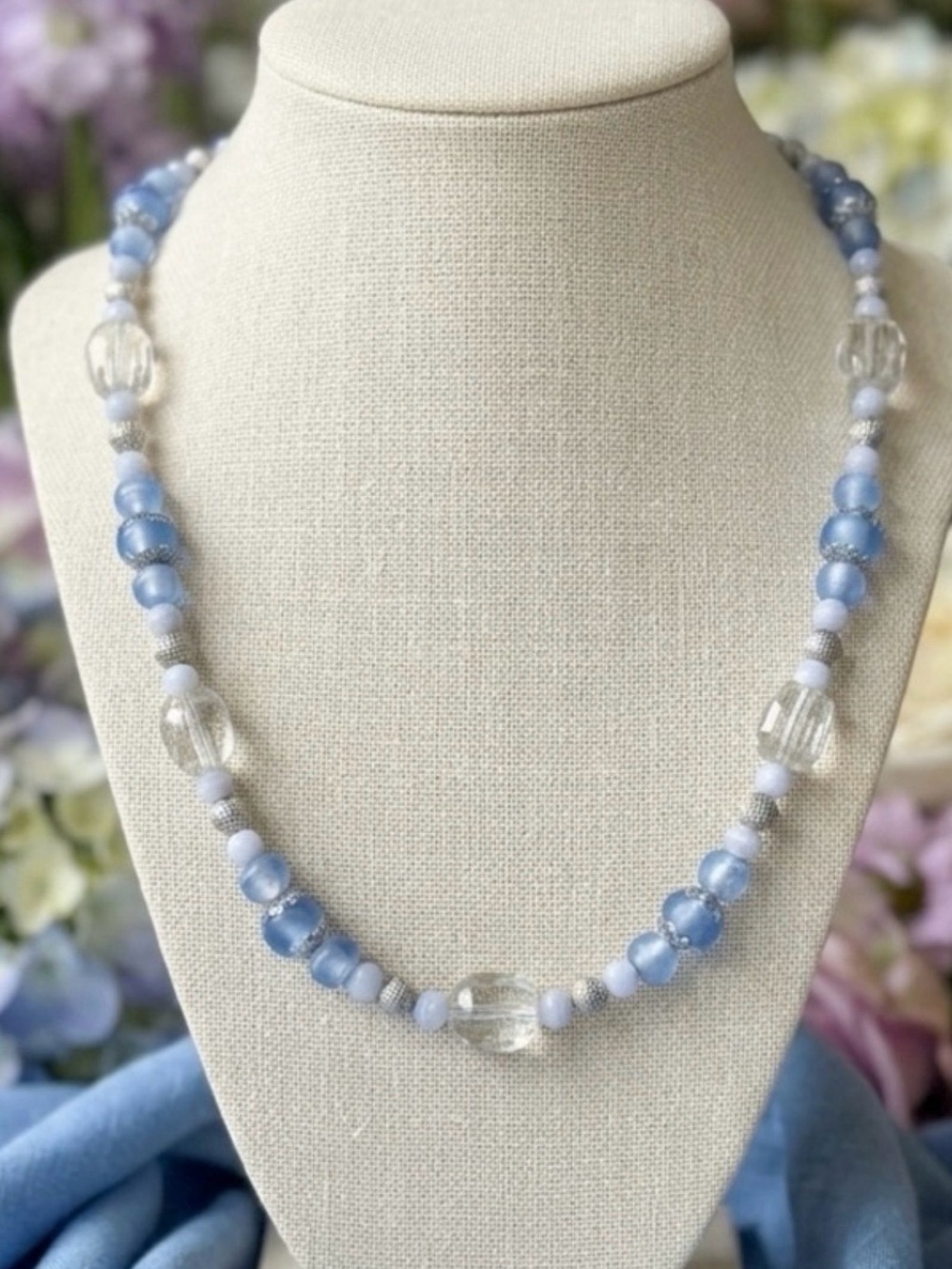 Kelco Blue Lace Agate Lampwork Glass & Faceted Glass Crystals Artisan Necklace